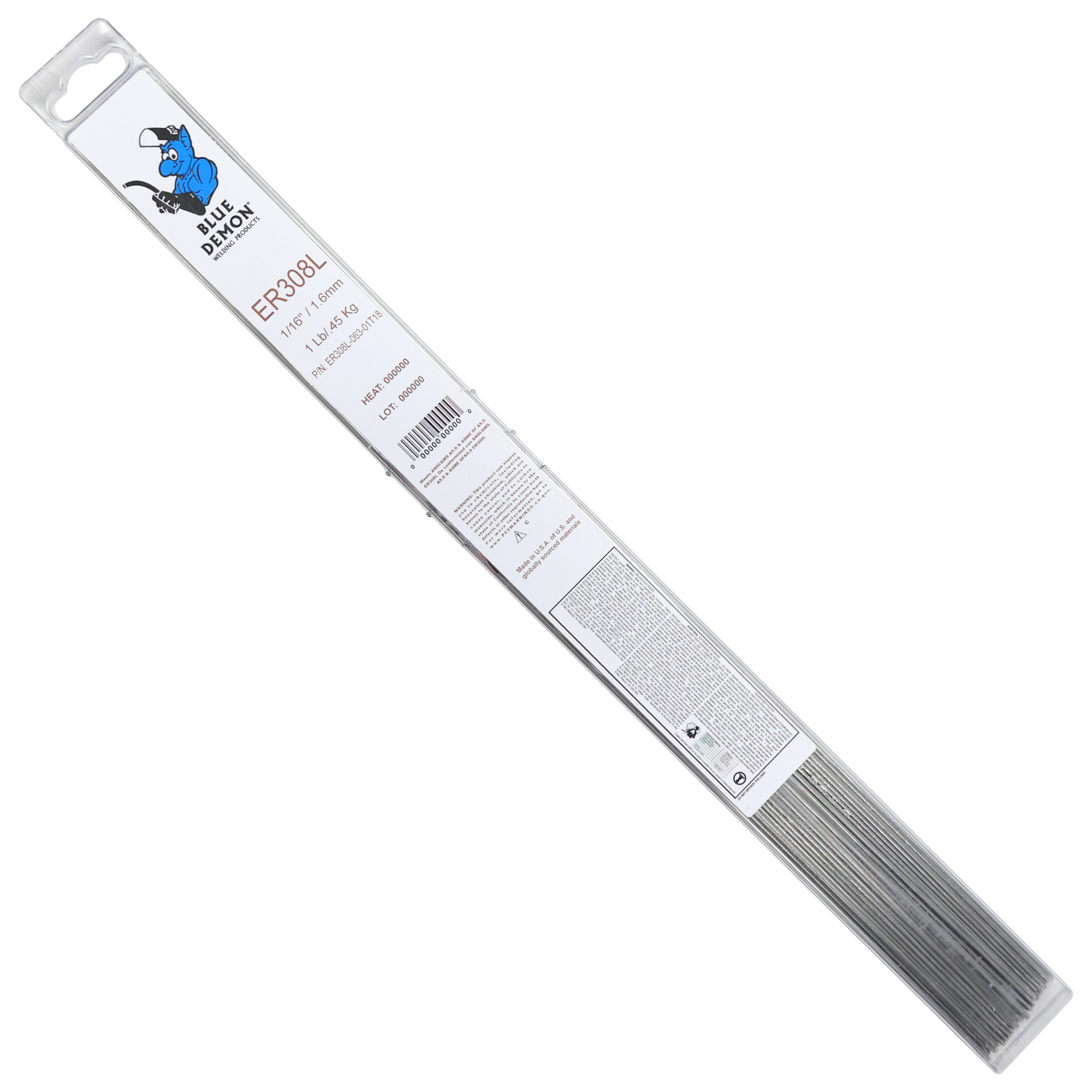 Blue Demon, 1/16” x 18” Stainless Steel Tig Rod, Diameter 1/16 in, Length 18 in, Model# ER308L-063-01T18